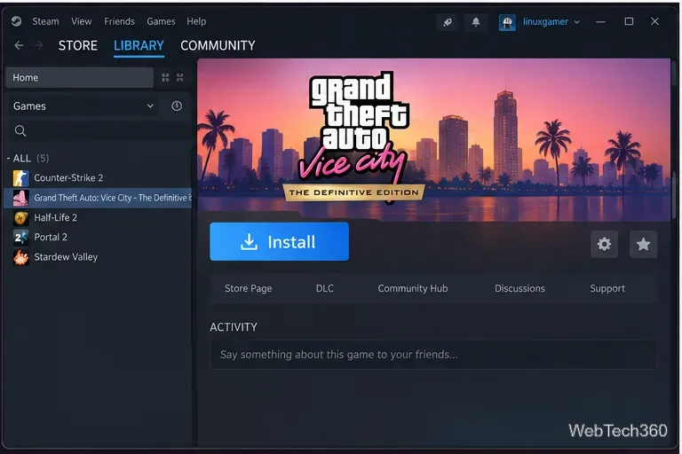 Pagina del gioco Steam su Linux che mostra il pulsante Installa per Grand Theft Auto Vice City The Definitive Edition