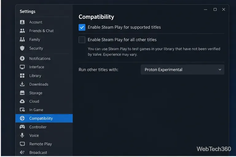 Impostazioni di compatibilità di Steam su Linux che mostrano le opzioni di Steam Play e Proton Experimental