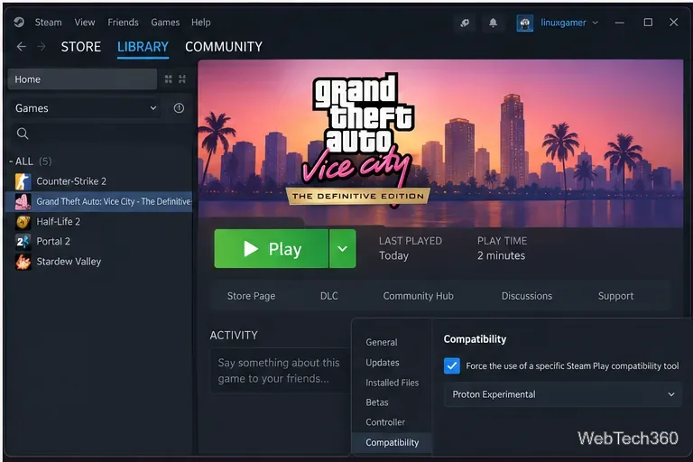 Libreria Steam su Linux che mostra Vice City pronto per essere giocato con l'opzione di compatibilità Proton aperta