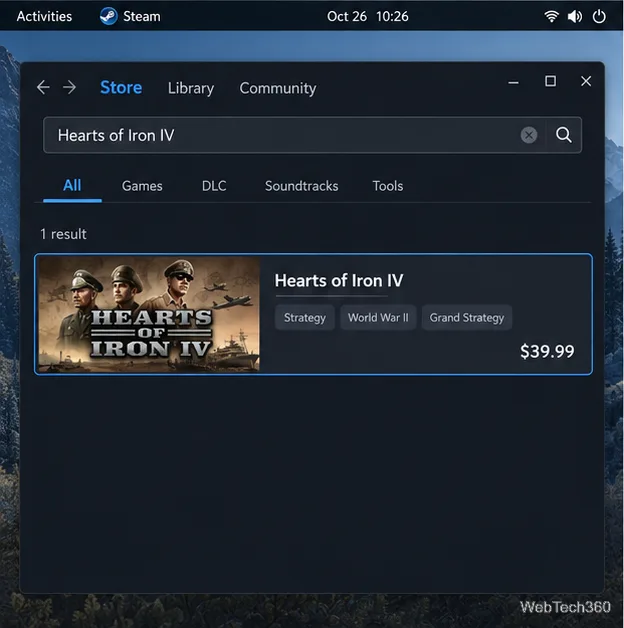 Resultados da pesquisa na Steam Store com Hearts of Iron IV como resultado correspondente.