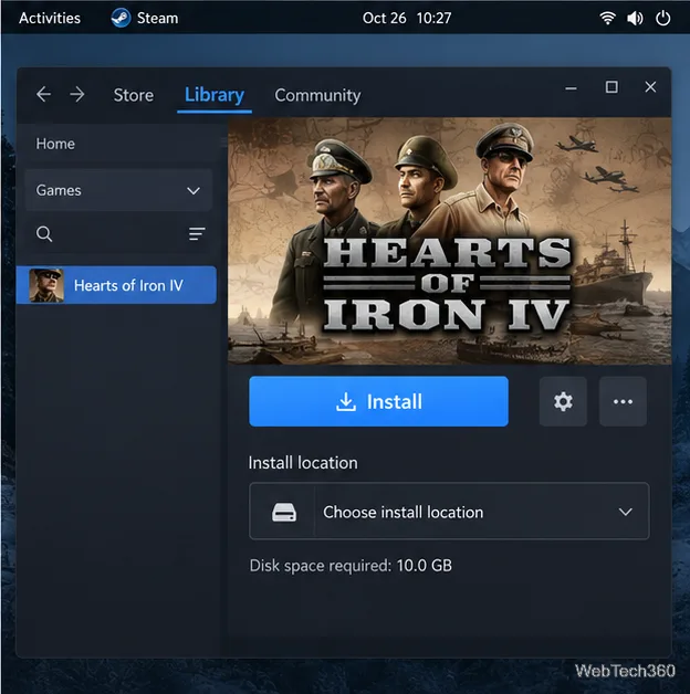 Página da Biblioteca Steam para Hearts of Iron IV com o botão Instalar e um seletor de local de instalação.