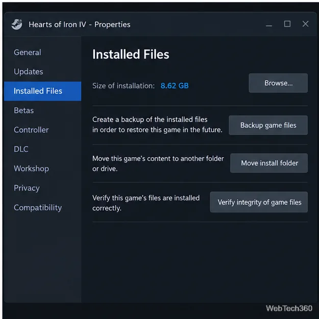 Na janela Propriedades do Steam, na pasta Arquivos Instalados, clique no botão Verificar integridade dos arquivos do jogo.