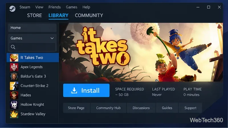 Pagina bibliotecii Steam pentru It Takes Two care afișează butonul Instalare și cerințele de stocare enumerate.