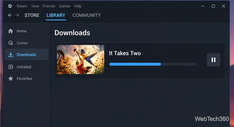 Pagina de descărcări Steam afișează It Takes Two în coada de descărcare cu o bară de progres.