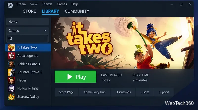 Pagina Bibliotecii Steam pentru It Takes Two cu butonul verde Redare vizibil.