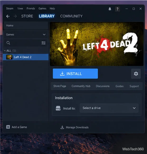 Página da Biblioteca Steam para Left 4 Dead 2 com o botão Instalar e o seletor de unidade visíveis.