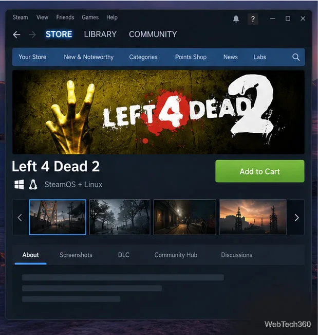 Página da loja do Left 4 Dead 2 mostrando a disponibilidade para SteamOS e Linux, além do botão "Adicionar ao carrinho".