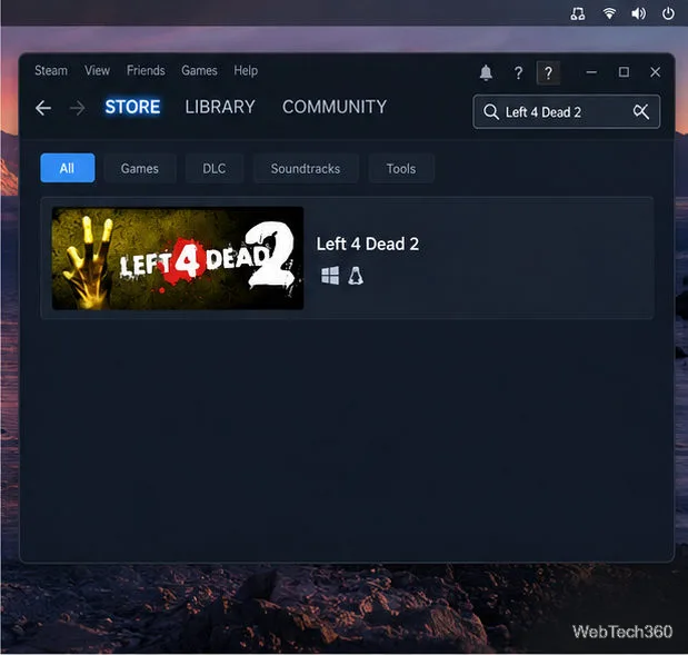 Resultados da pesquisa na Steam Store para Left 4 Dead 2 com o jogo correspondente selecionado.