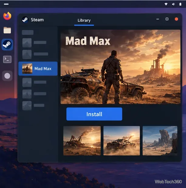 Выбрана игра Mad Max в библиотеке Steam с кнопкой «Установить».