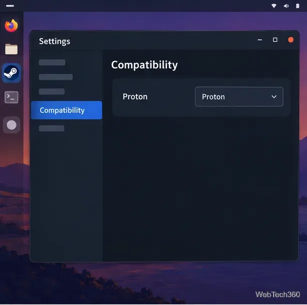 В настройках Steam включен режим совместимости, и отображается опция Proton.