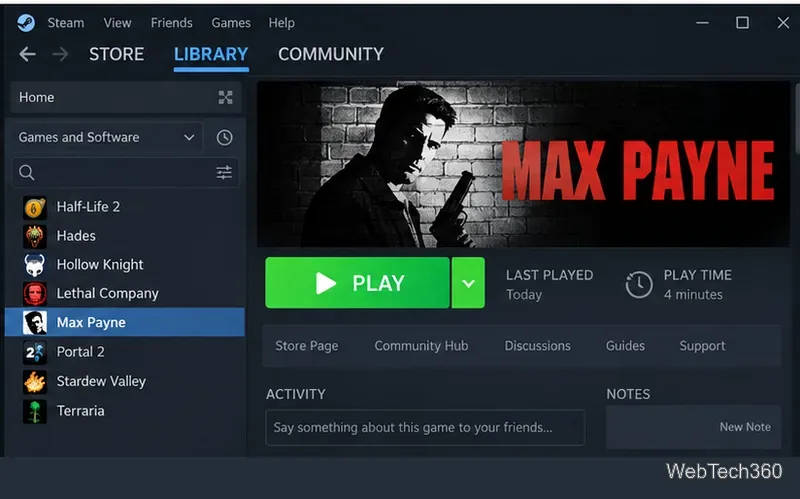 Biblioteca de Steam en Linux con Max Payne instalado y el botón verde de Jugar visible