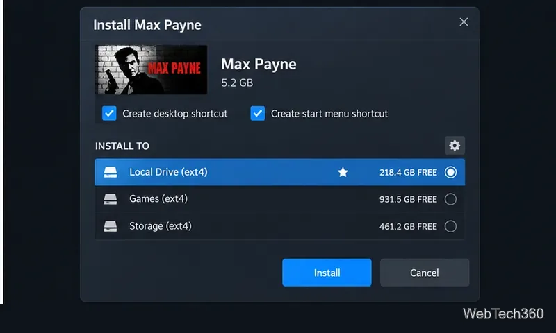Diálogo de instalación de Steam para Max Payne con las ubicaciones de almacenamiento de Linux listadas.