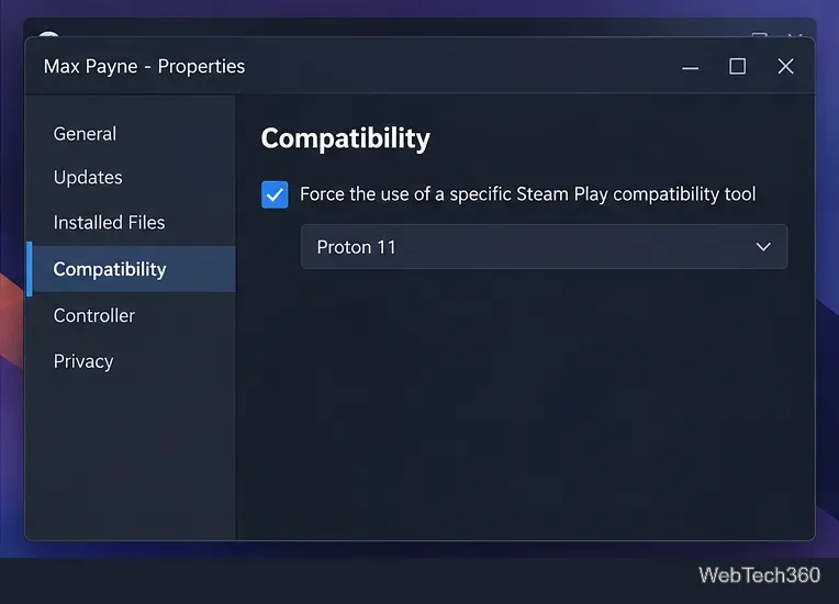 Ventana de propiedades de Max Payne en Steam con la sección de compatibilidad seleccionada.