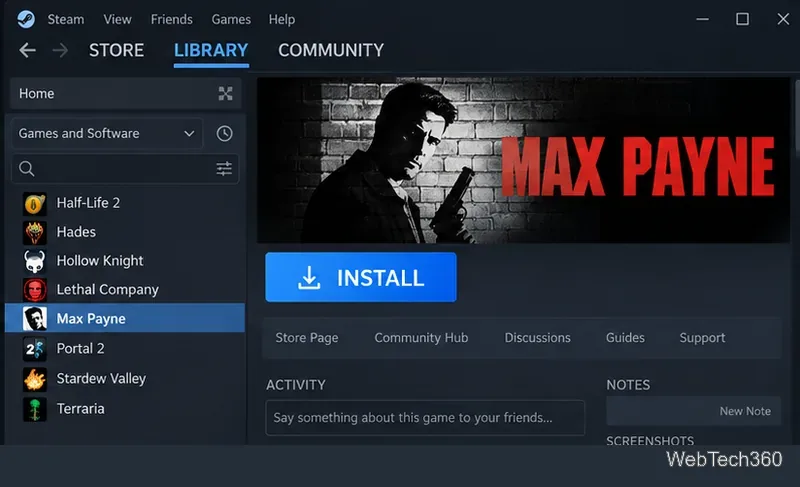 Página de la biblioteca de Steam para Max Payne que muestra el botón azul de instalación.