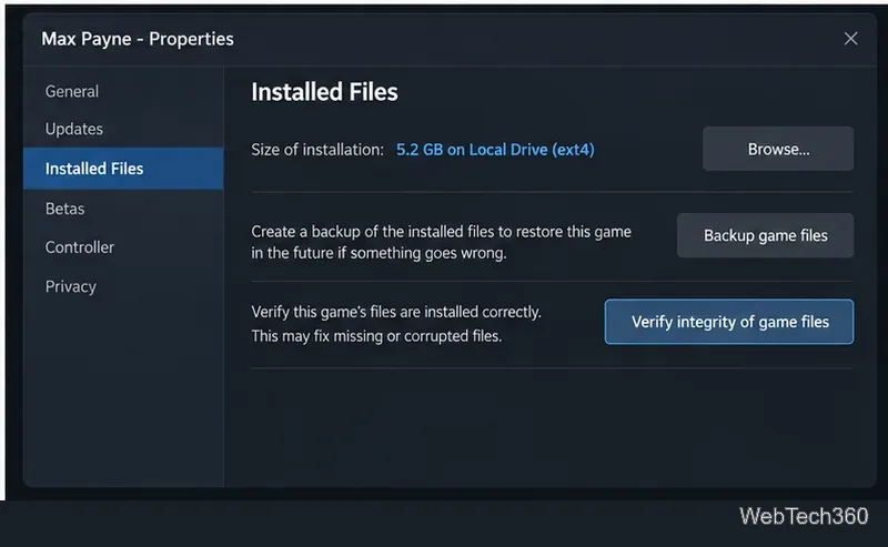 Configuración de archivos instalados de Max Payne en Steam con la opción "Verificar la integridad de los archivos del juego" resaltada.
