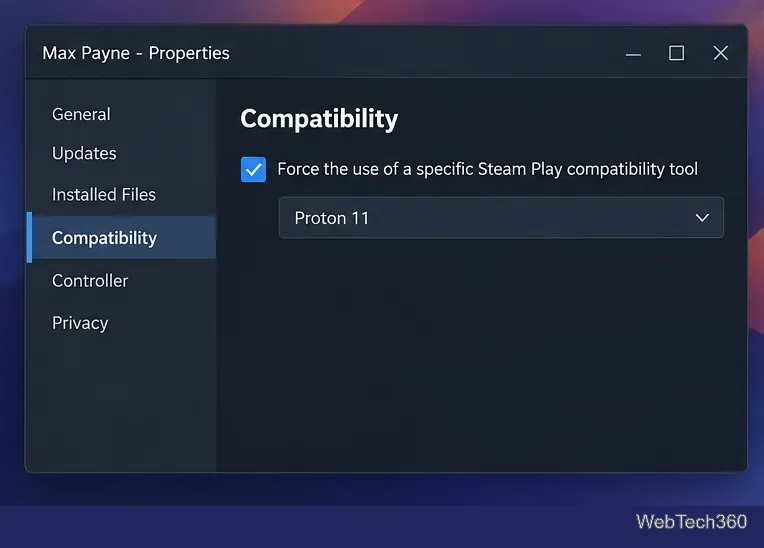 Configuración de compatibilidad de Steam con la opción de herramienta de compatibilidad de Steam Play forzada habilitada.