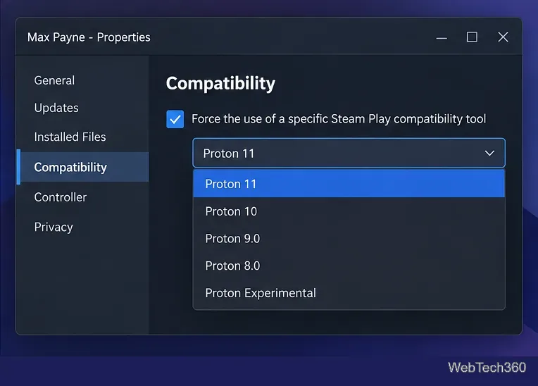 Menú de versiones de Steam Proton que muestra las versiones estables de Proton y Proton Experimental.