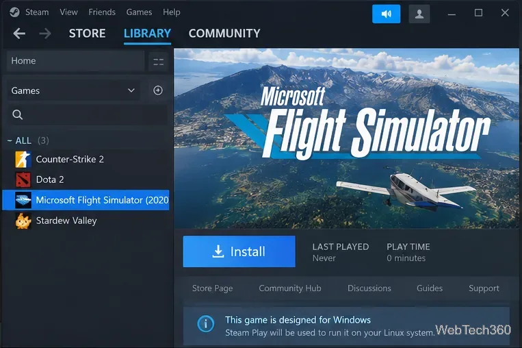 Nella libreria di Steam è mostrato Microsoft Flight Simulator selezionato con il pulsante Installa.
