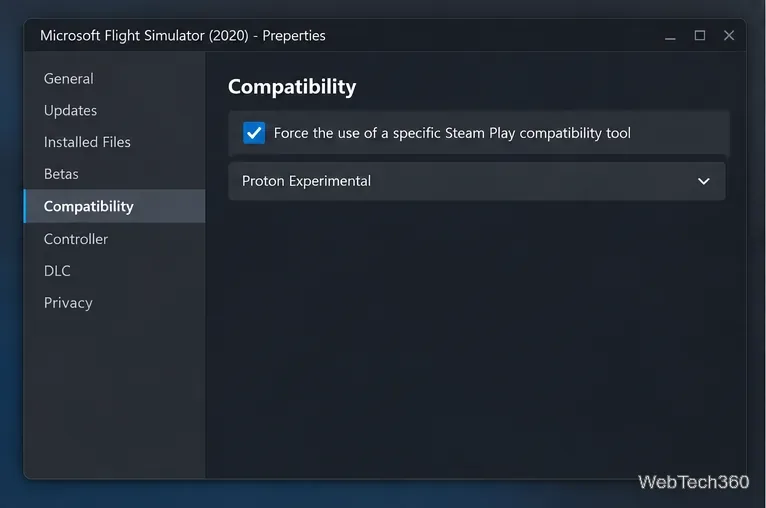 Pagina di compatibilità delle proprietà di Steam con Proton Experimental selezionato per Microsoft Flight Simulator
