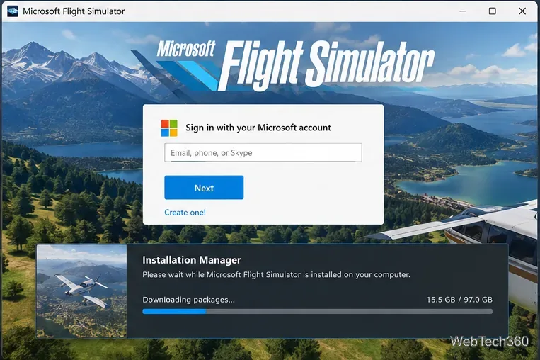 Finestra di accesso a Microsoft Flight Simulator sopra Gestione installazione durante il download dei pacchetti del simulatore