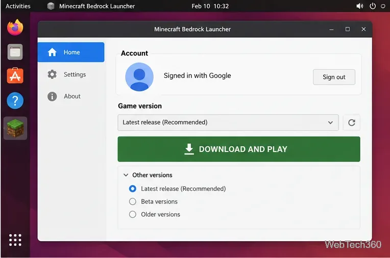 Minecraft Bedrock Launcher on Linux showing an account and game version selector