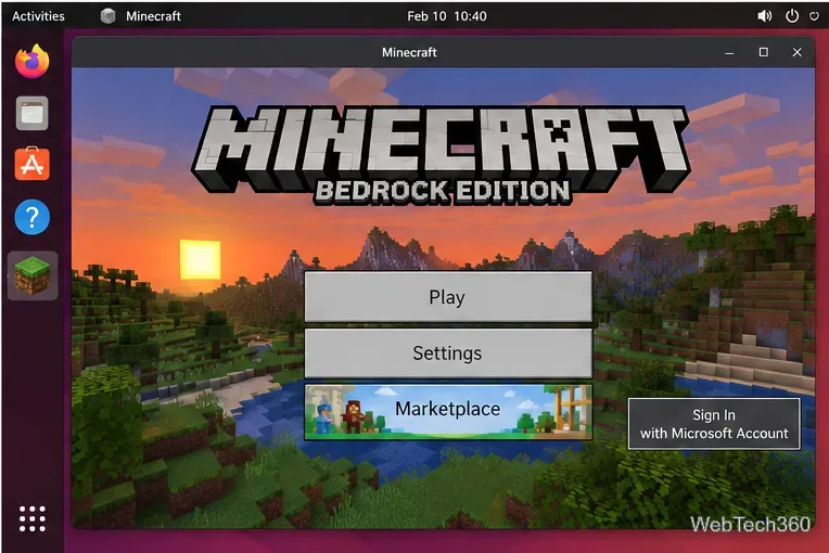 Minecraft Bedrock Edition main menu running in a Linux desktop window