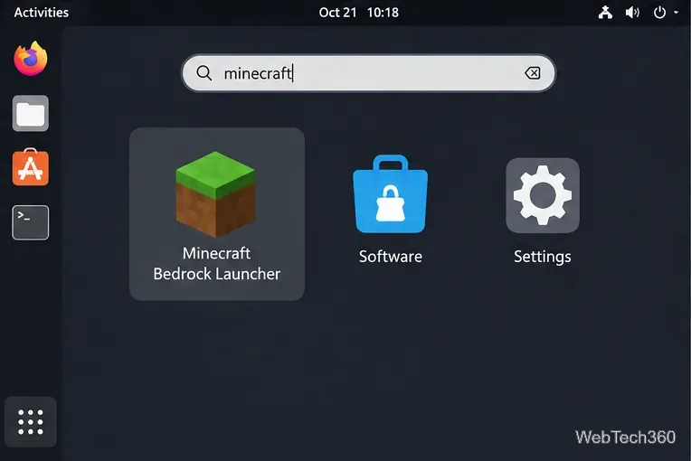 Linux application search showing Minecraft Bedrock Launcher
