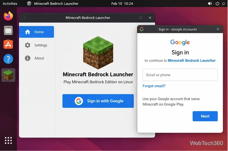 Google sign-in window opened from Minecraft Bedrock Launcher on Linux