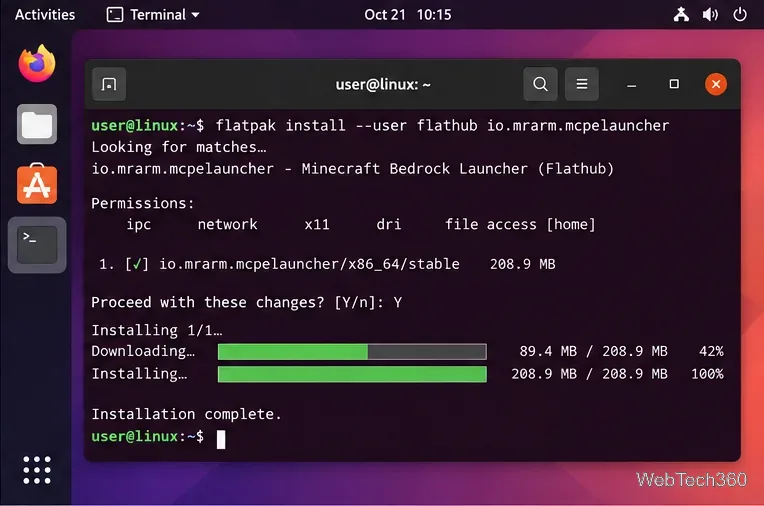 Linux terminal installing io.mrarm.mcpelauncher from Flathub