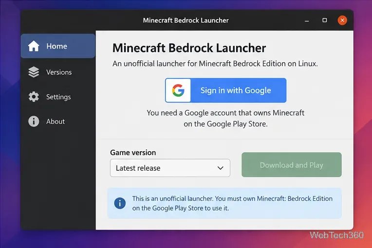 Minecraft Bedrock Launcher window on Linux showing Google sign-in and game version controls