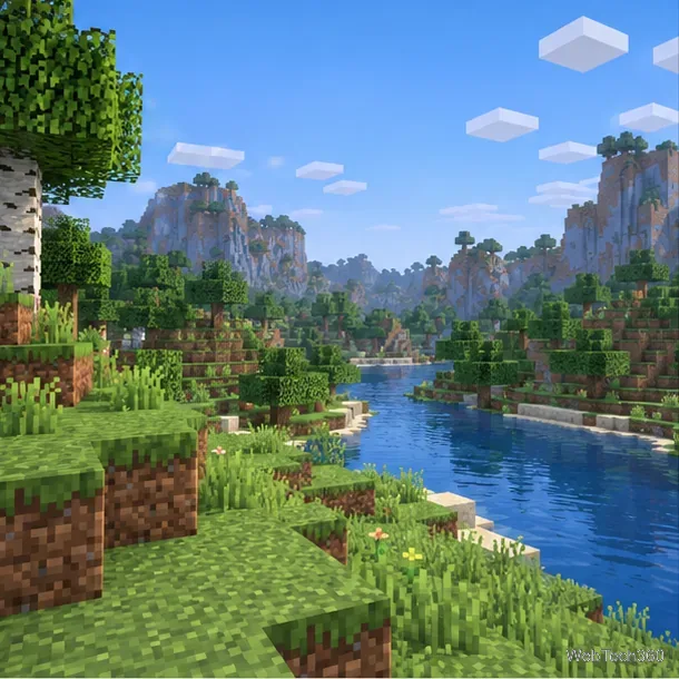 Un peisaj Minecraft construit din blocuri care reprezintă jocul local pentru un singur jucător
