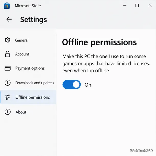 Setările Microsoft Store cu permisiunile Offline activate