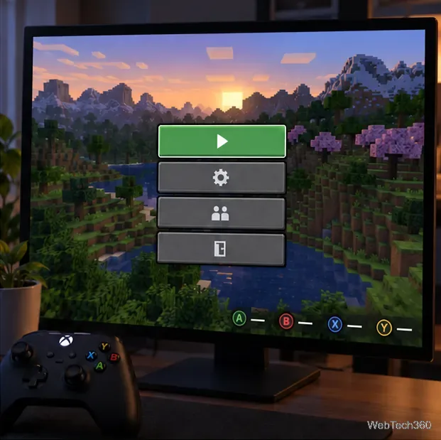 An Xbox controller beside a Minecraft Java menu with controller button hints.