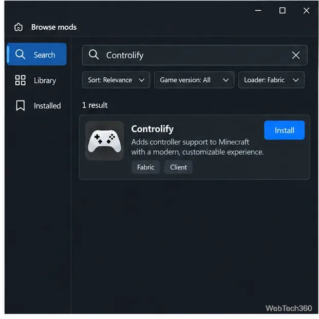 A mod browser search result showing Controlify and an Install button.