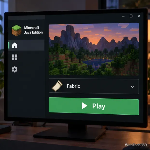 A Minecraft Java launcher screen with a Fabric profile selected and a Play button.