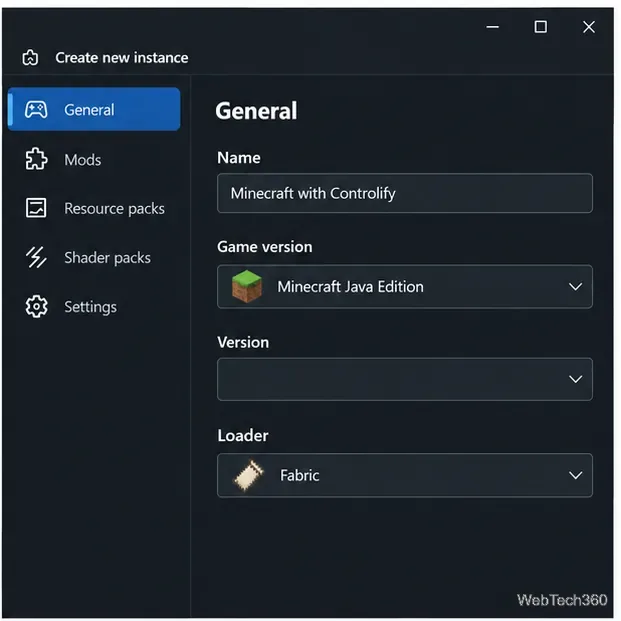 A new Minecraft Java instance form with Fabric selected as the mod loader.