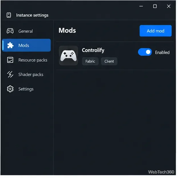 An instance Mods panel showing Controlify enabled for a client-side Fabric profile.