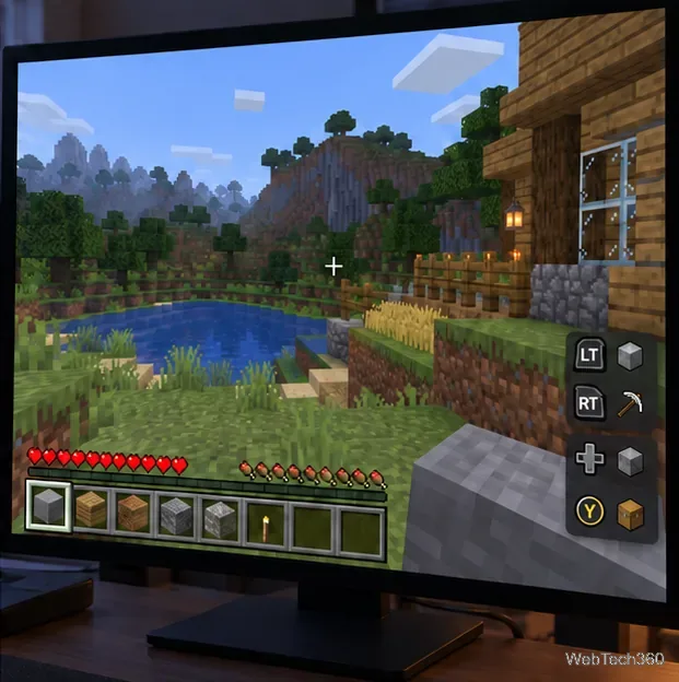Minecraft gameplay with a controller action guide beside the hotbar.