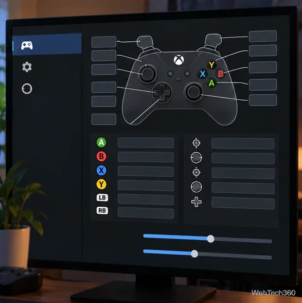 A controller bindings screen with Xbox buttons and sensitivity sliders.