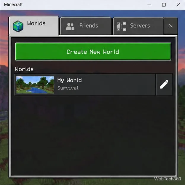 Minecraft for Windows Bedrock Worlds screen with Create New World and a local world listed.