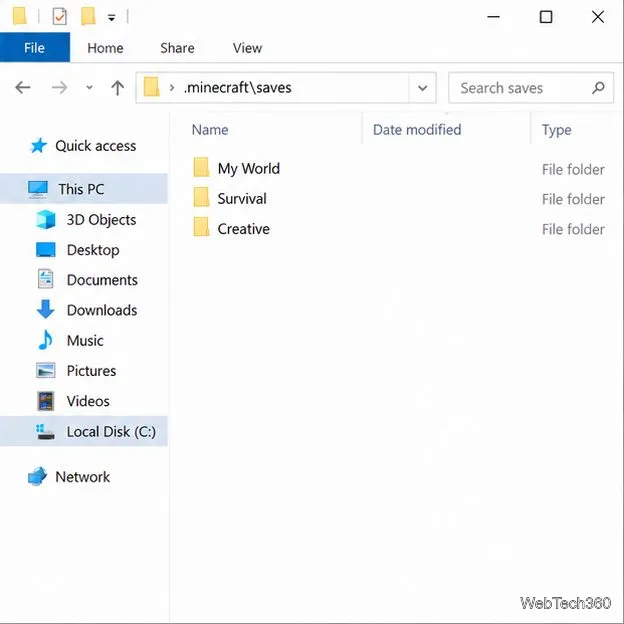 Windows File Explorer showing several world folders inside the .minecraft\saves location.