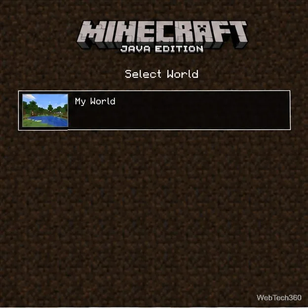 Minecraft Java Edition Singleplayer world list showing one locally saved world.