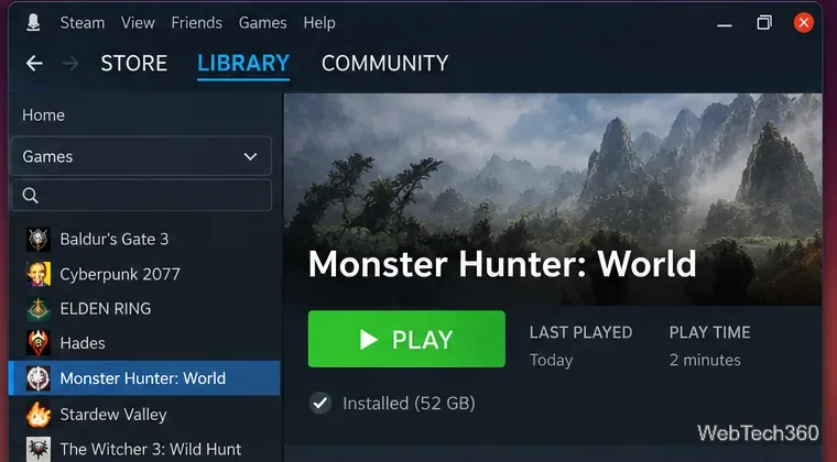 Steam Library on Linux showing Monster Hunter: World installed with the Play button available