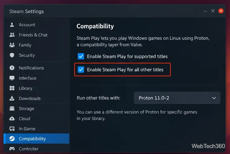 Steam Compatibility settings on Linux with Steam Play enabled and Proton 11.0-2 selected