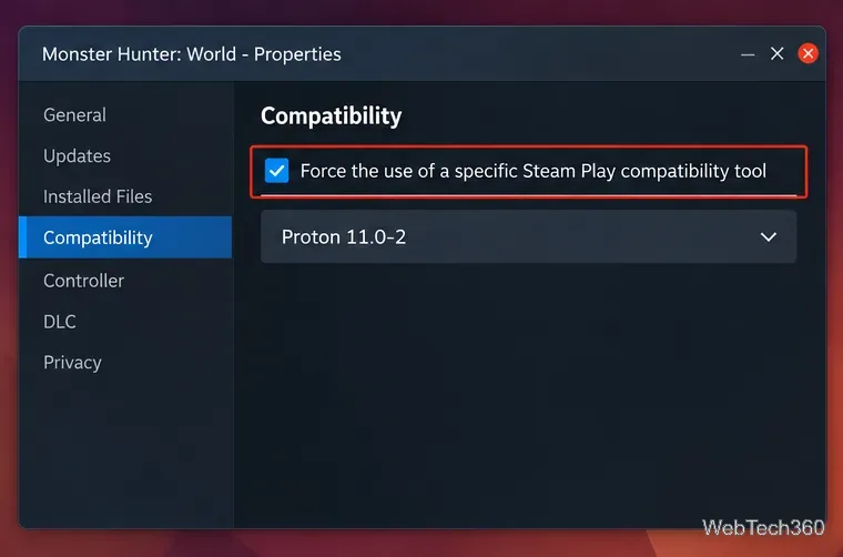 Monster Hunter: World Properties window with the per-game Proton compatibility tool option enabled