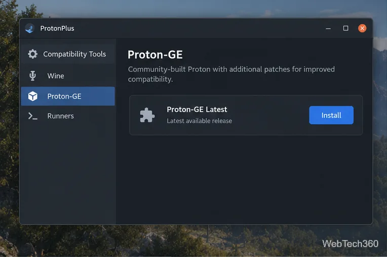 نافذة ProtonPlus تحتوي على أحدث إصدار من Proton-GE وزر تثبيت.
