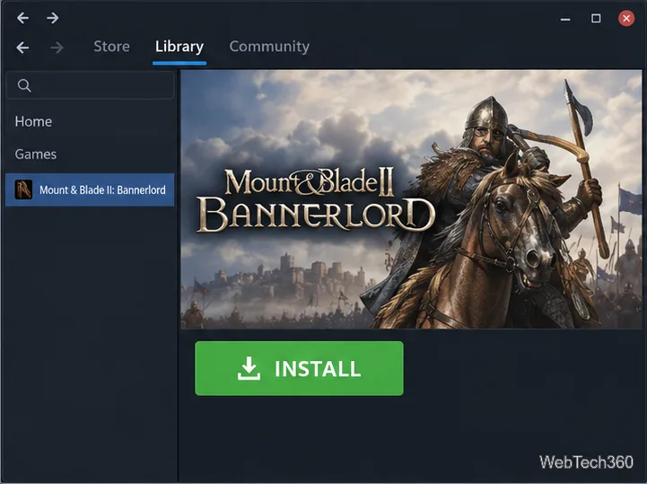 تم تحديد لعبة Bannerlord في مكتبة Steam مع ظهور زر التثبيت.