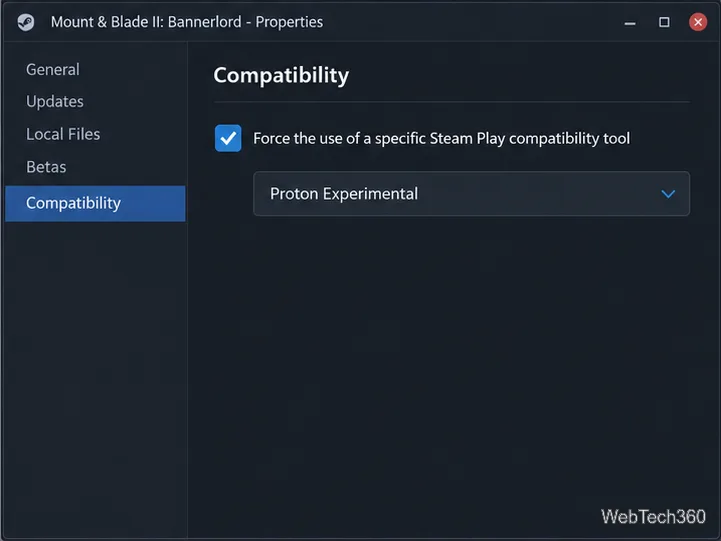 علامة تبويب التوافق في خصائص Bannerlord مع تحديد Proton Experimental.