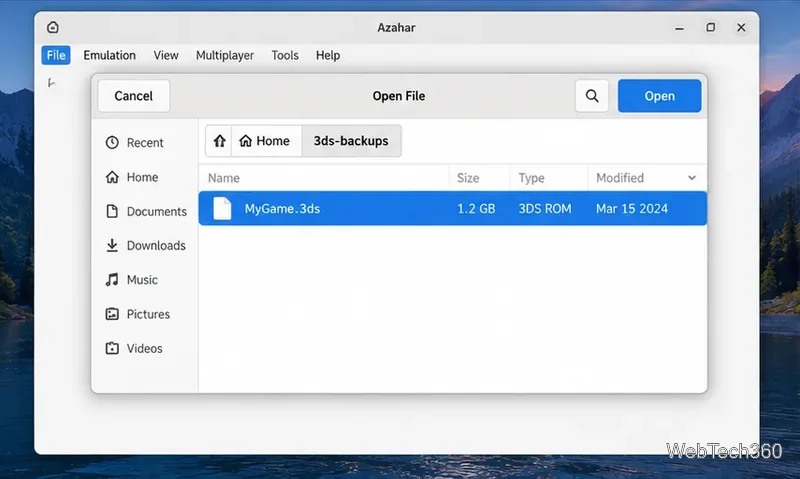 Azahar Open File dialog selecting a Nintendo 3DS game backup on Linux