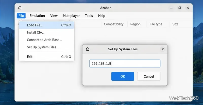 Azahar File menu with Set Up System Files dialog and a Nintendo 3DS IP address field